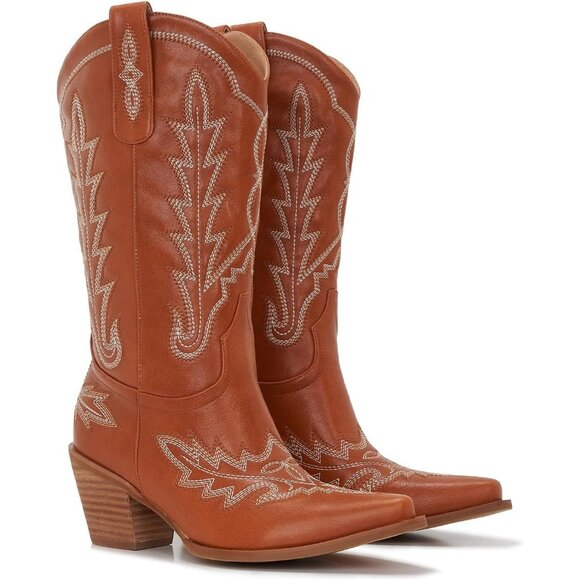 ⚡Women Cognac Brown Faux Leather Wood Grain Chunky Heel  Cowgirl Boots - Picture 1 of 7